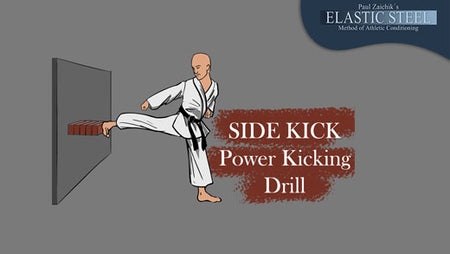 A figure of a Martial Artist performing a power kicking side kick drill against the wall 